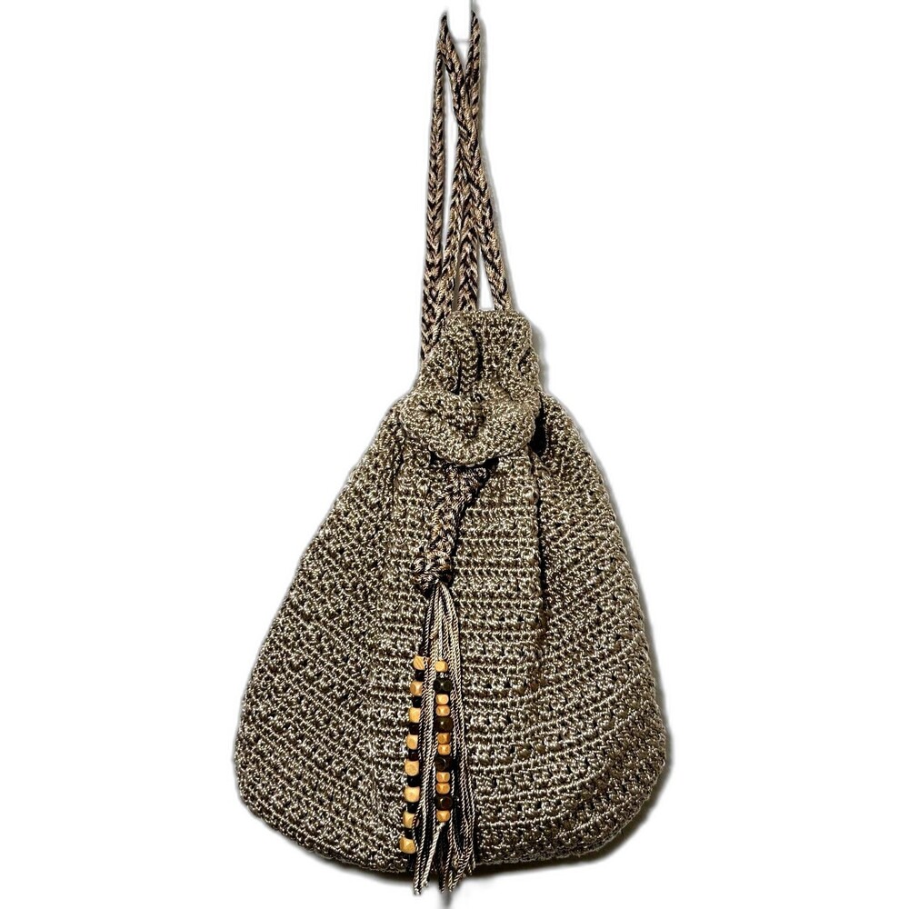The Sak Crochet Drawstring Backpack Taupe Beaded Tassel Boho Y2K Bag
